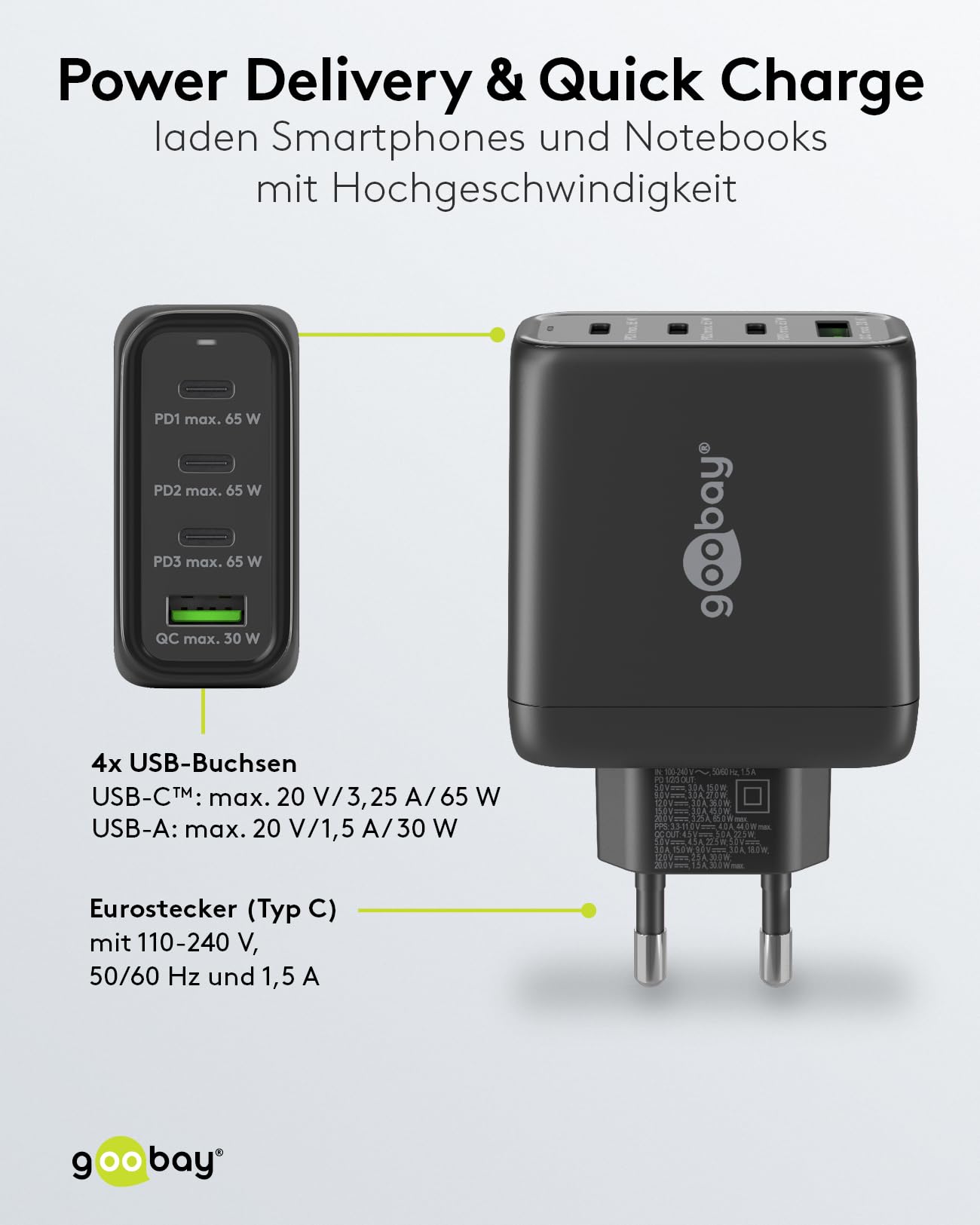 goobay 64819 USB-C PD 4-Fach Multiport Schnellladegerät (68W) / 1x USB-A 3X USB-C Eingang/Power Delivery/Netzteil für Ladekabel vom iPhone und Anderen Handys/Handy Ladegerät/schwarz