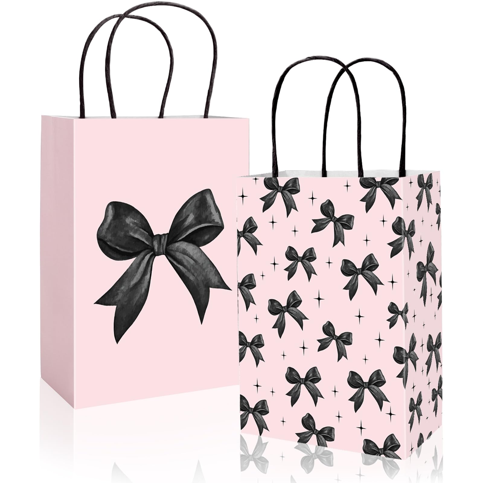 JarThenaAMCS 24Pcs Pink Black Bow Paper Bags Cute Bow Knot Treat Bags with Handles Grocery Candy Goodie Bag for Shopping Coquette Birthday Party