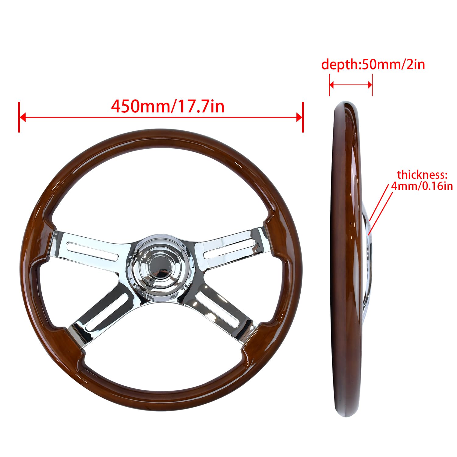 TIYPEOR 18'' Wooden Steering Wheel with 4 Spokes and 2'' Deep Plated Bracket, Modified Interior Accessory for Semi-Trailers, Compatible with Kenworth, Peterbilt, Volvo, Freightliner Trucks