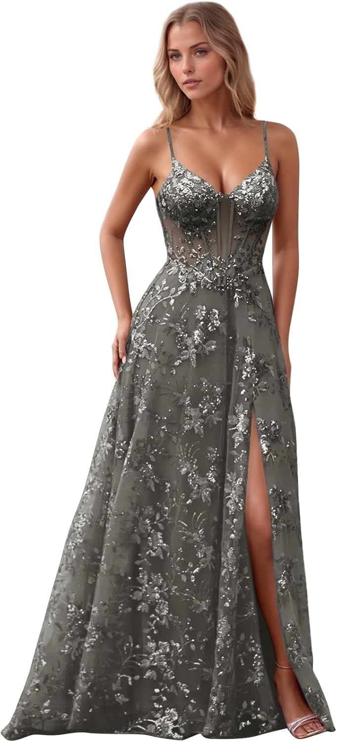 Sonlay Tulle Appliques Prom Dresses with Slit V Neck Sequin Evening Gown for Women Formal Pageant Dress Long