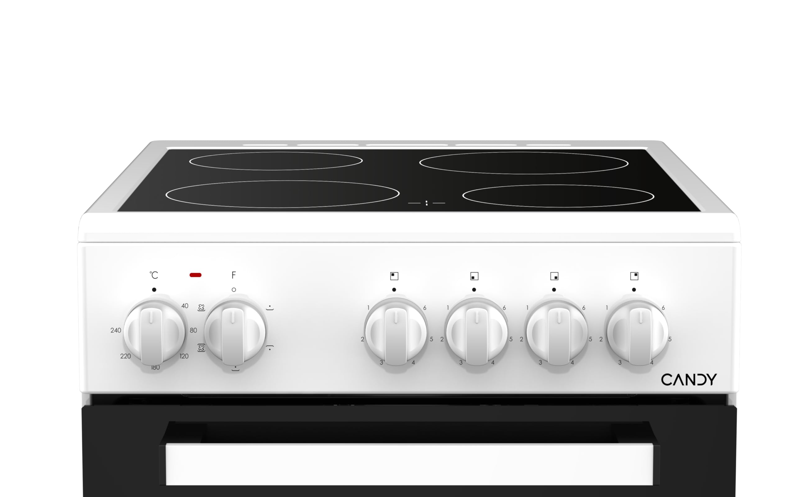 Candy CVE5436FEEW/E Cocina Libre Instalación 50cm, Horno Multifunción 43L con 6 Funciones, Vitrocerámica 4 Zonas, Mandos Independientes 4 para Vitrocerámica y 2 para Horno, Blanco
