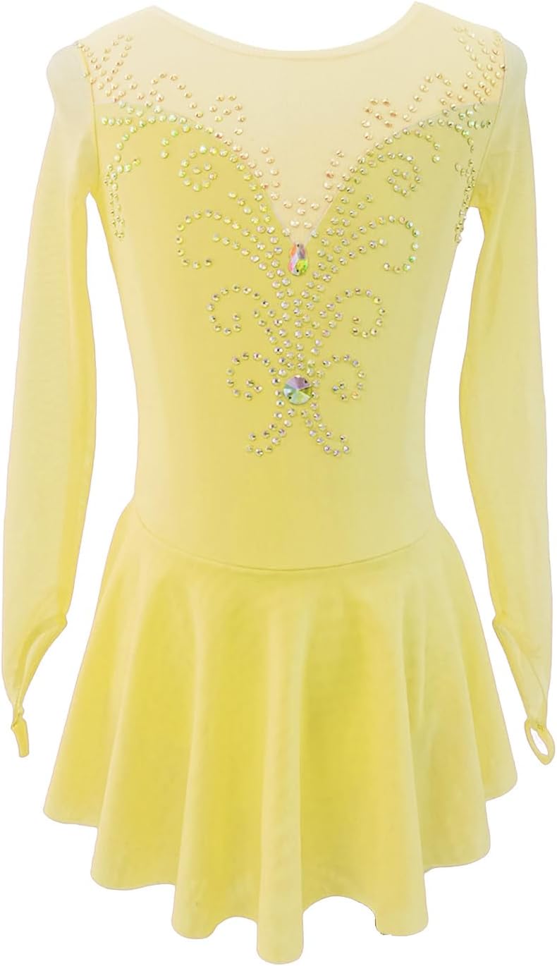 LIUHUO Ice Figure Skating Dress Girls' Elegant Handmade Crystal Long Sleeves Competition Womens