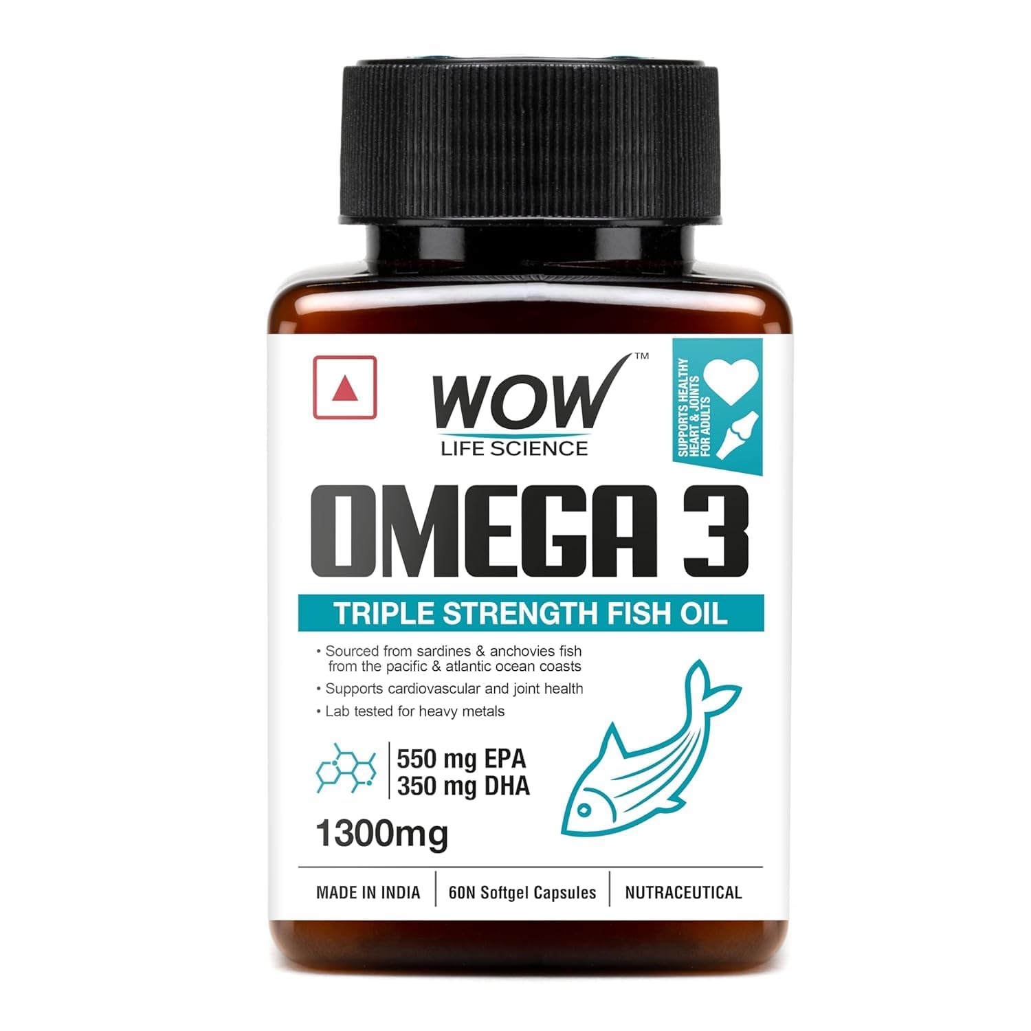 WOW Life Science Omega-3 Fish Oil 1300 mg Triple Strength - 550mg EPA & 350mg DHA for Joints, Heart & Brain Health - Bottle of 60 Capsules