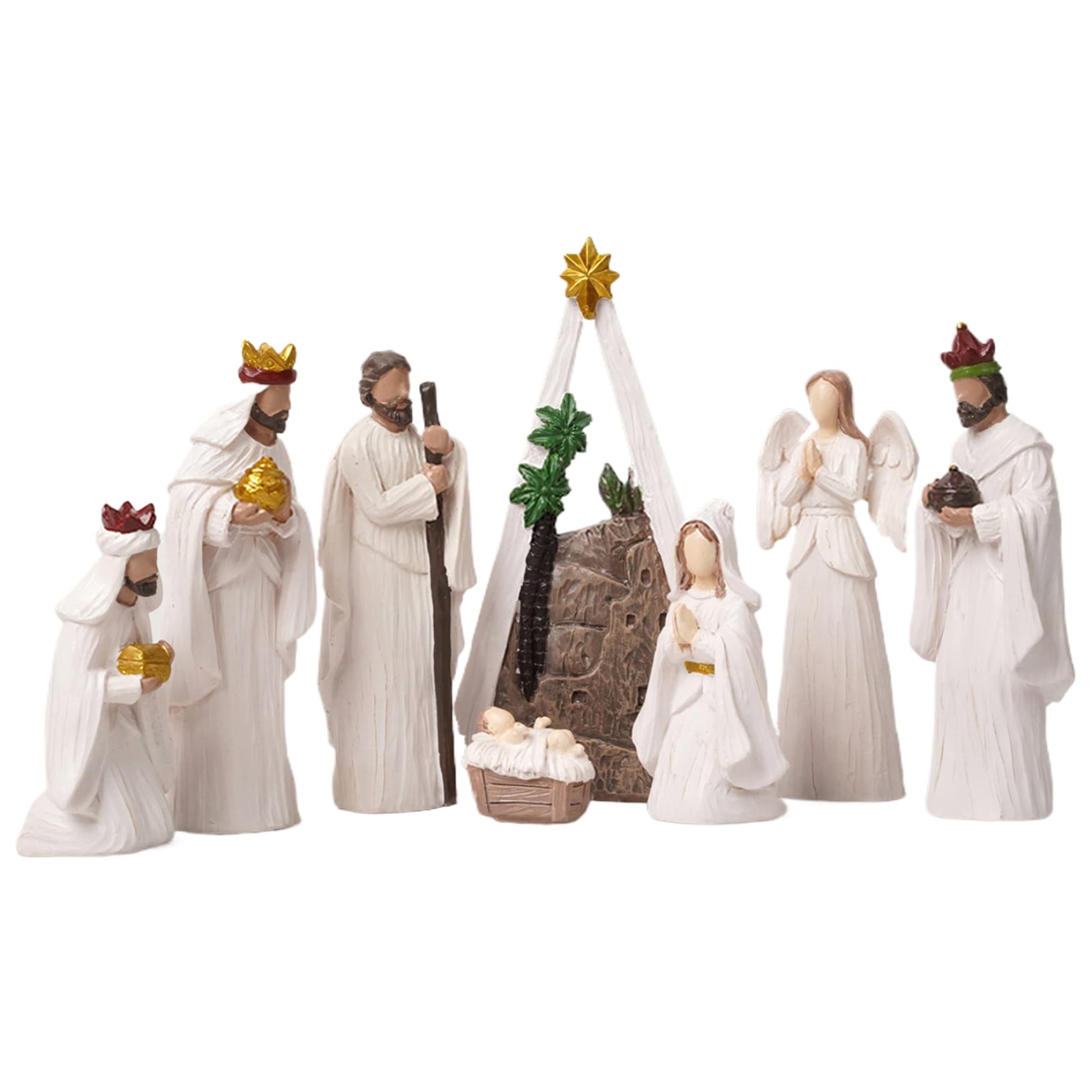 Ensemble de crèche de Noël (8 pièces) Moderne en résine Blanche - Figurines scène la Nativité - Ornements Table Religieux - Objets Collection Noël pour décorations Vacances