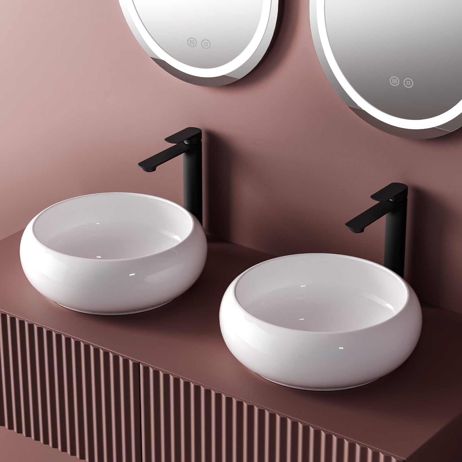 EMKE Lavabo da montare, Lavabo rotondo in ceramica, 360 x 360 x 120 mm, installazione sopra il piano, Bianco lucido, lavabo per bagno e WC ospiti