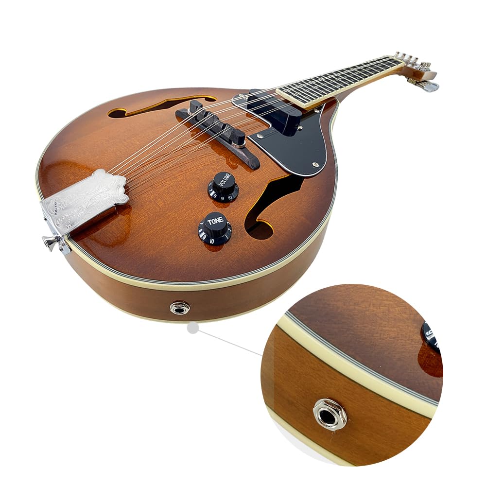 Mandoline Acoustique-Électrique Style A Corps Mohagany 8 cordes Kit complet pour scène Arqué Trous F Corps avec sac de transport, câble, cordes, sangle, médiators et chiffon de polissage