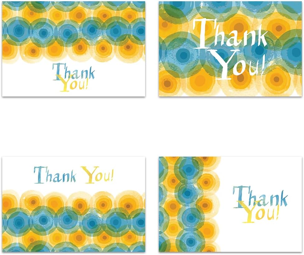 Tree-Free Greetings Thank You Cards - Artful Designs - 48 Cards + Matching Envelopes - Made in USA - 100% Recycled Paper - 4"x6" - Teal and Yellow General (TA61283)