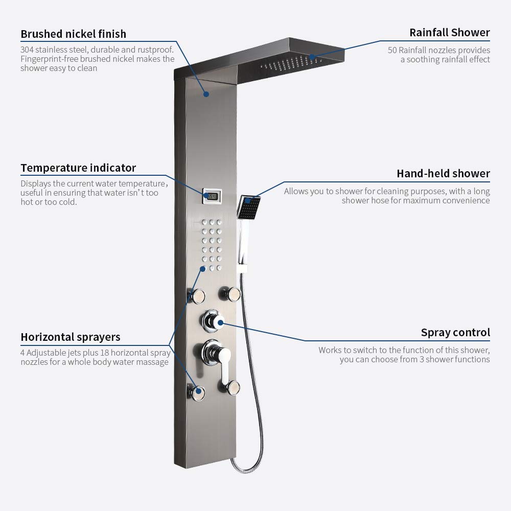 Auralum Panneau de douche en acier inoxydable avec robinetterie, 3 modes de sortie d'eau, douche complet avec affichage de la température LCD, système de douche, panneau de douche de