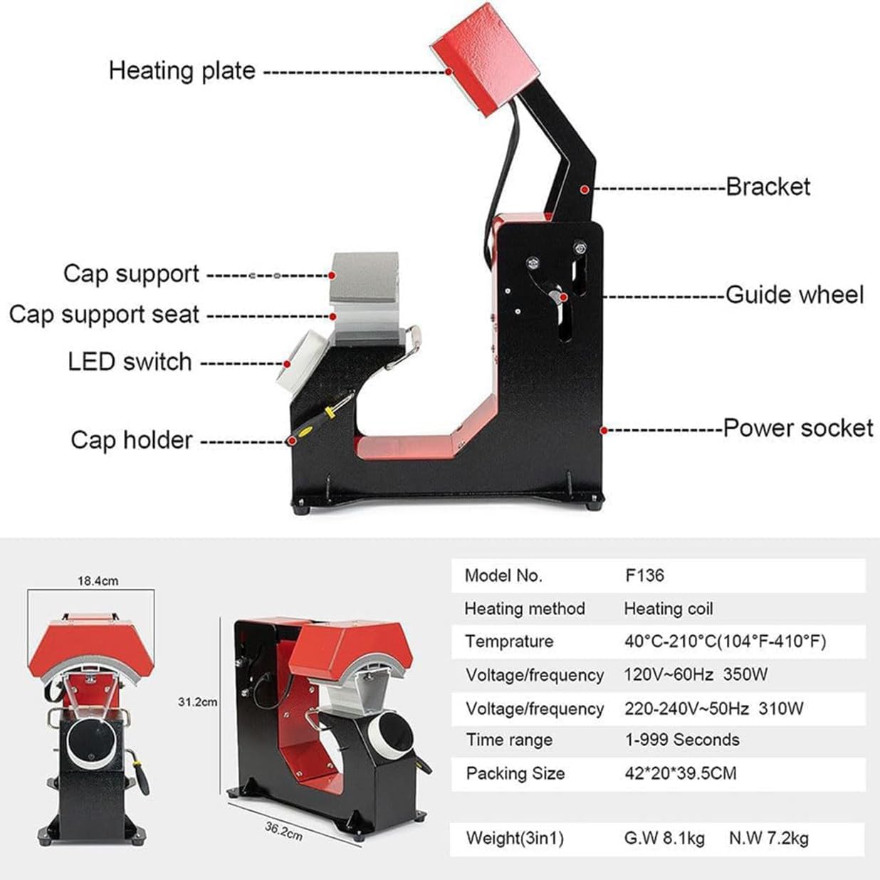 Pressa Termica per Cappelli Automatici, Macchina da Stampa a Sublimazione per Cappelli, Area di Stampa a Caldo 9,8x13,7 Cm, Pressa per Tappi a Elemento Curvo per Berretti con Visiera