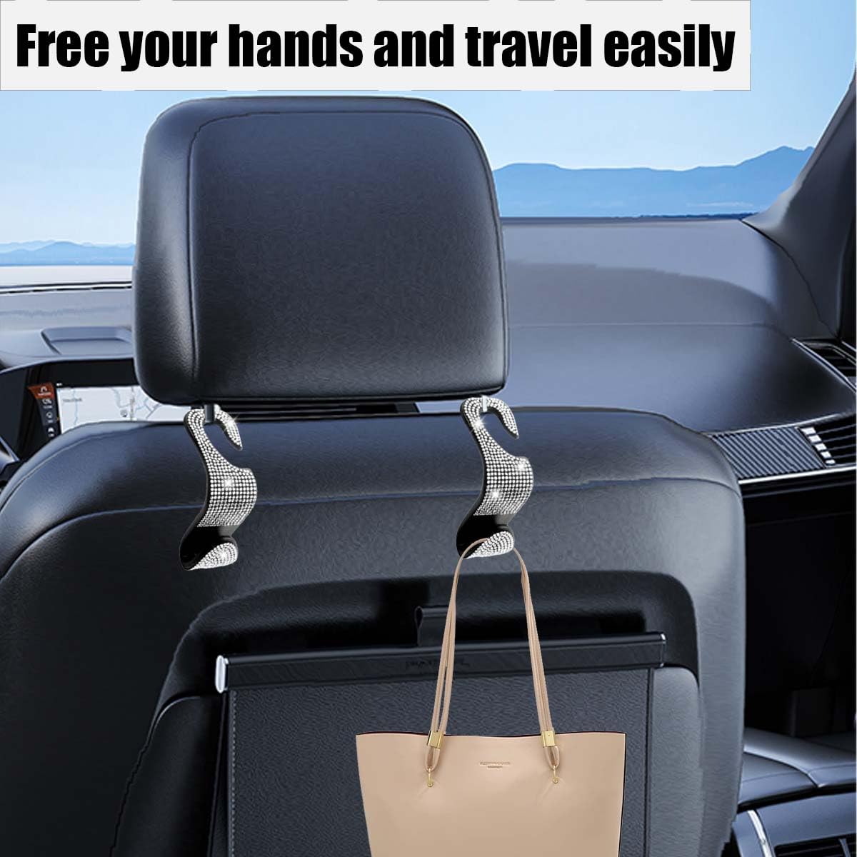 LAINLOY Lot de 4 crochets pour appuie-tête de voiture avec strass en cristal pour sac à main, accessoires d'intérieur universels pour SUV, voiture, camion (blanc)