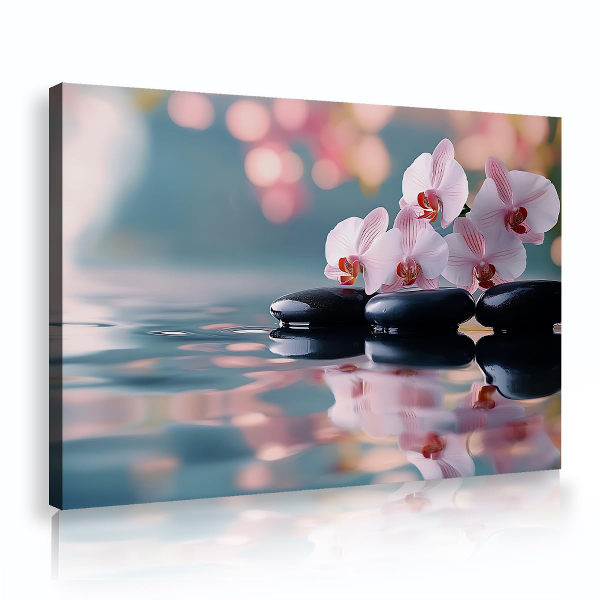 Via Vela White Pink Orchid Canvas Print, Zen Black Stones Framed Wall Art, Bokeh Lights Nature Landscape Painting, Spa Bathroom Decor Pictures Artwork 70x110cm