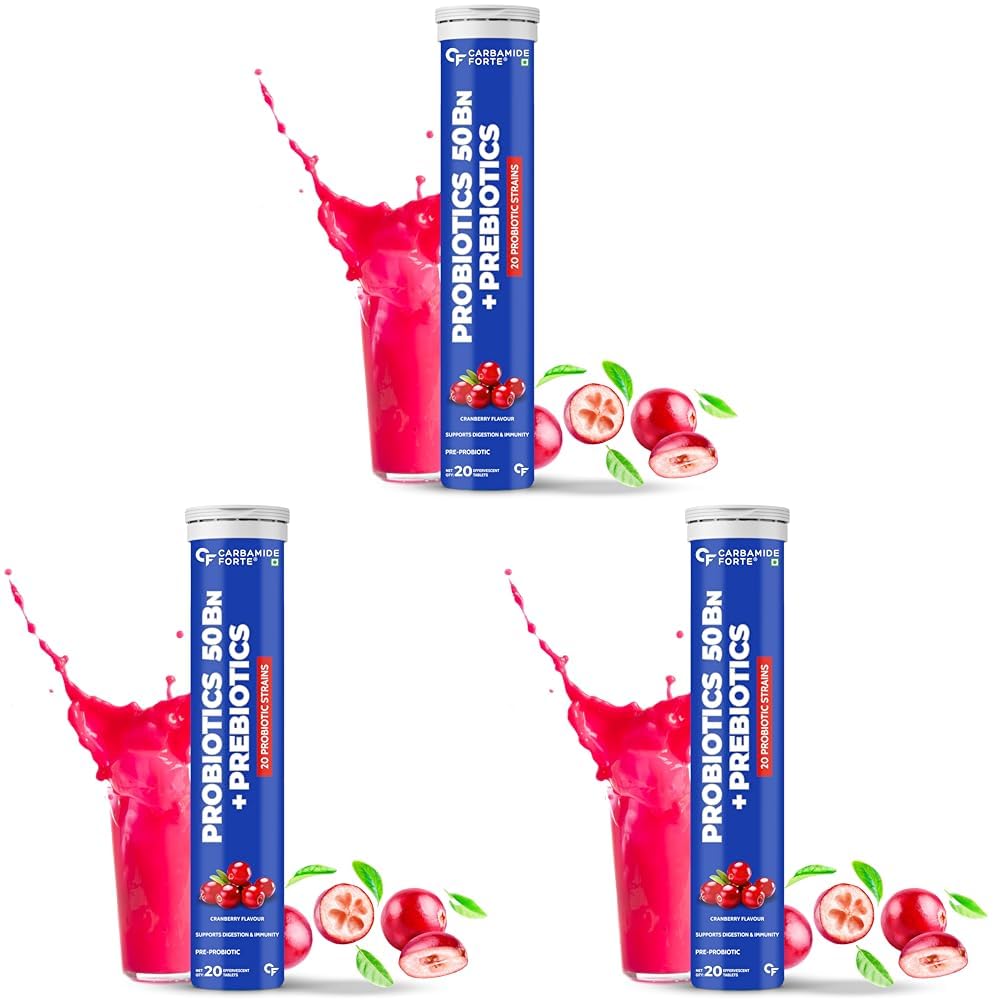 Carbamide Forte Probiotics Supplement 50 Billion CFU for Women & Men | Probiotics for Gut Health | Support Digestion & Immunity - 20 Effervescent Tablets | Gut Health Supplements (Pack of 3)