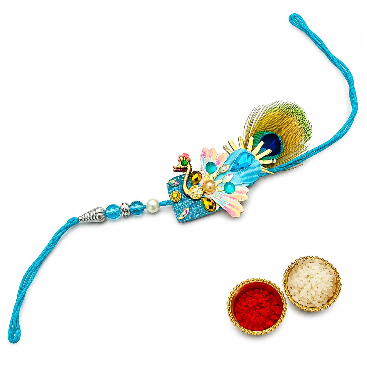 Handcrafted Designer Peacock Feather Rakhi for Brother with Roli Chawal Pack | Premium Enamel Mayur Motif Rakhi Thread with Crystals & Beads | Traditional Decorative Raksha Bandhan Rakhi Gift for Bhaiya-image-15