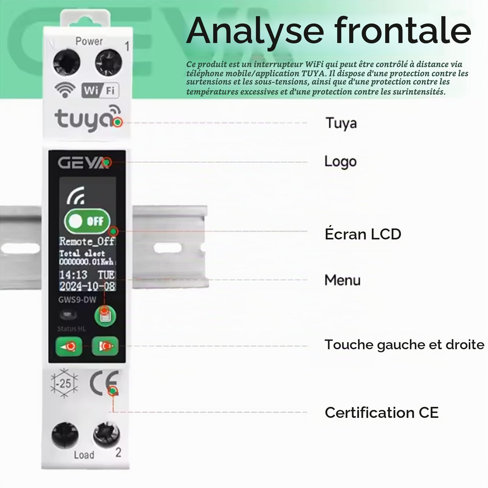 GEYA TUYA WIFI Disjoncteur intelligent avec comptage Télécommande sans fil Smart Home 1A~63A réglable 90V~240V (GWS9-DW Écran LCD)