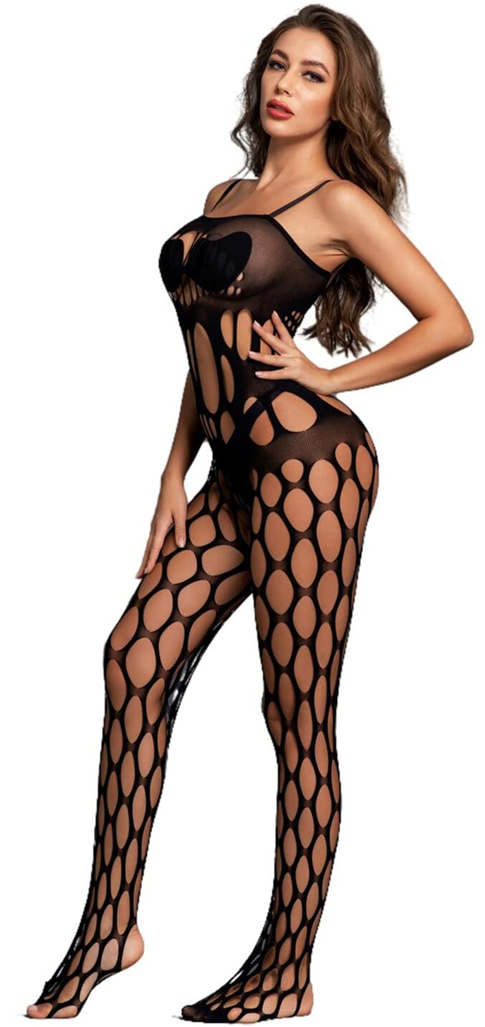 Bommi Fairy Women's Black Fishnet Bobystocking Babydoll Bodysuit Chemise Nightwear Perspective Lingerie Mini Dress One Size (Black)