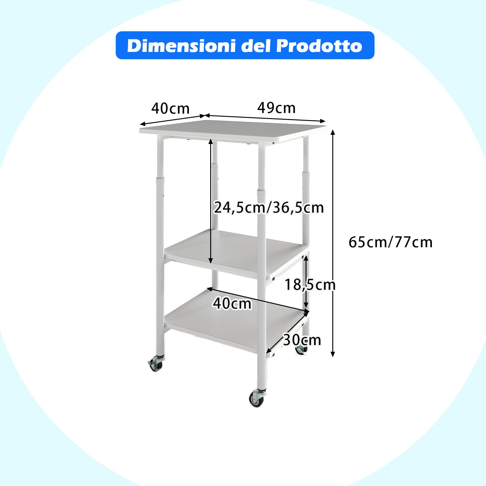 RELAX4LIFE Supporto per Stampante a 3 Livelli, Carrello Porta Stampante con Ruote Bloccabili e Altezza Regolabile, Tavolino Multiuso per Fax e Scanner, 49 x 40 x 65/77 cm (Bianco)