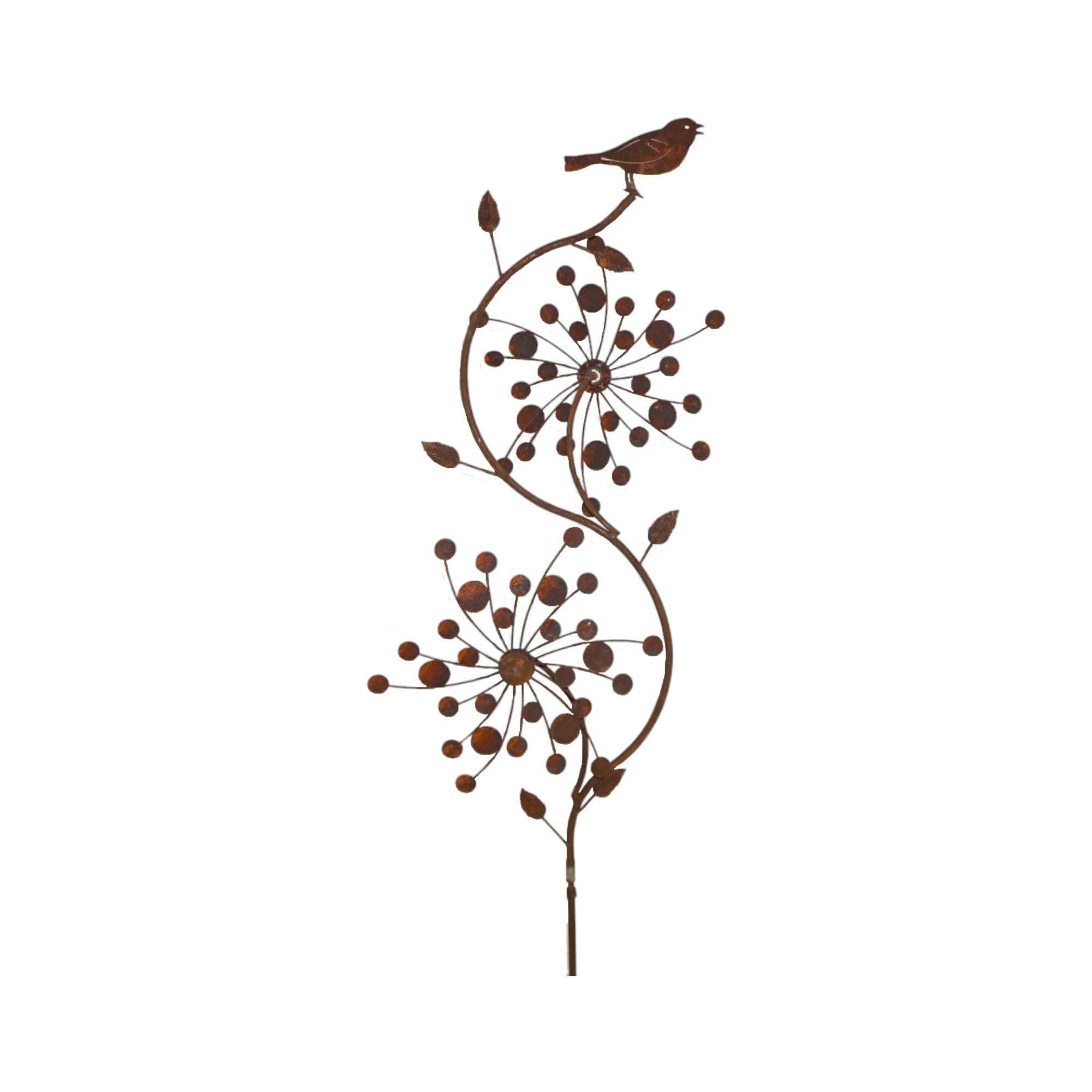 Molinillo de viento Duo con dos hélices oxidadas con pájaro, metal, hierro, decoración, 190 cm de alto, 37 cm de diámetro