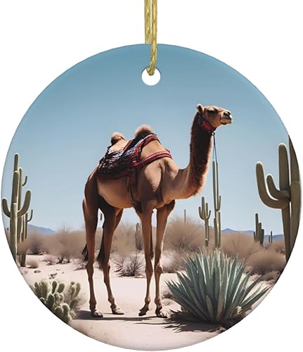Desert Cute Camel Round Ceramic Pendant with Hole and Gold Rope for Christmas and New Year Hanging Decoration at Home