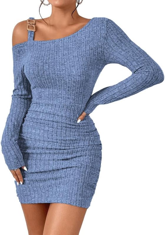 SISKIN Sweater Dress, Fall Slim Fit Long Sleeve Mini One Shoulder Bodycon Knit Sexy Casual Party Dresses for Women 2025