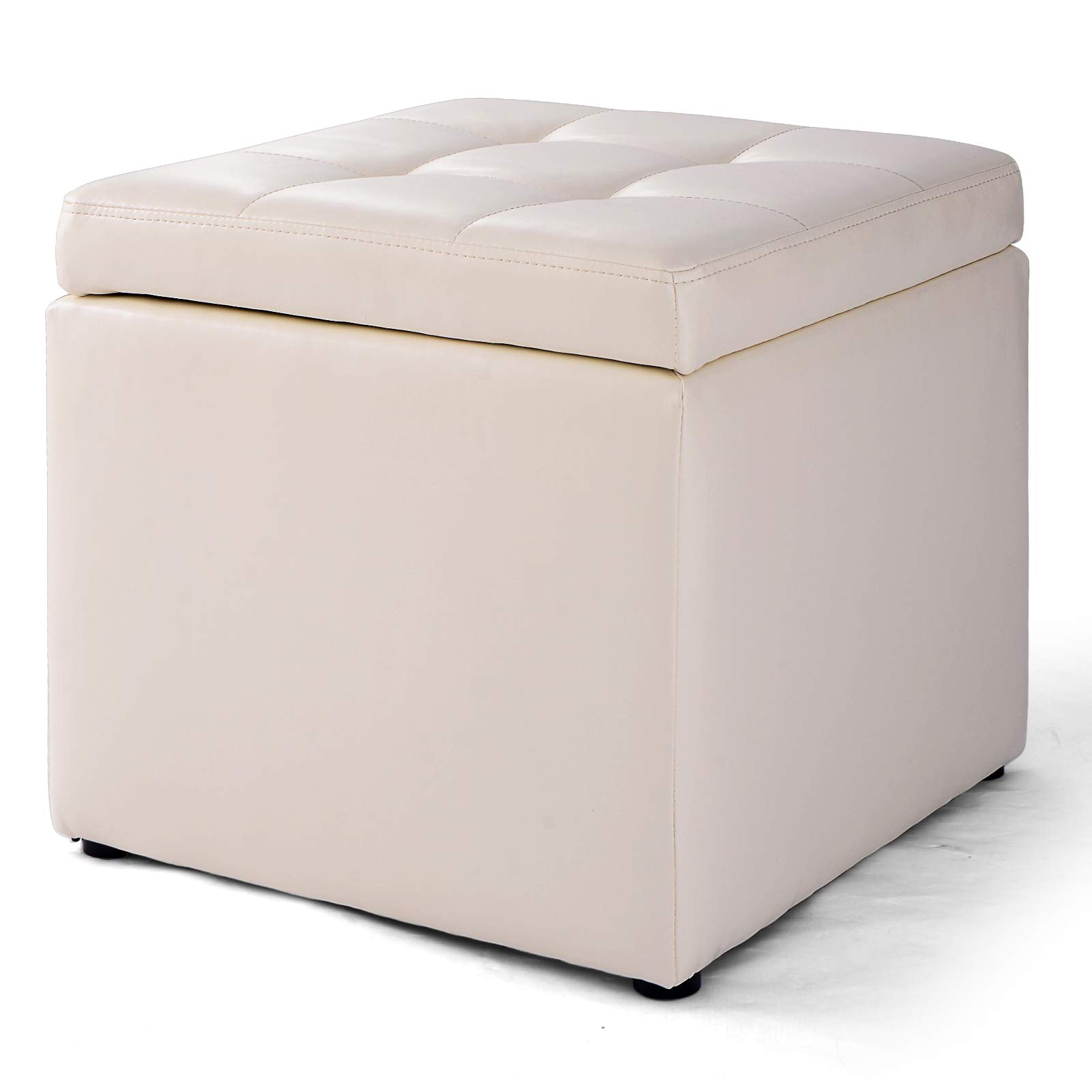 LIFEZEAL Pouf Cubo, Contenitore, Pioggiepiedi, Ottoma in PU, Sedile Imbottito, Telaio in Legno, Già Montato, per Soggiorno, Camera da Letto e Cameratta, Peso Max 300 kg, 40x40x40 cm (bianco)