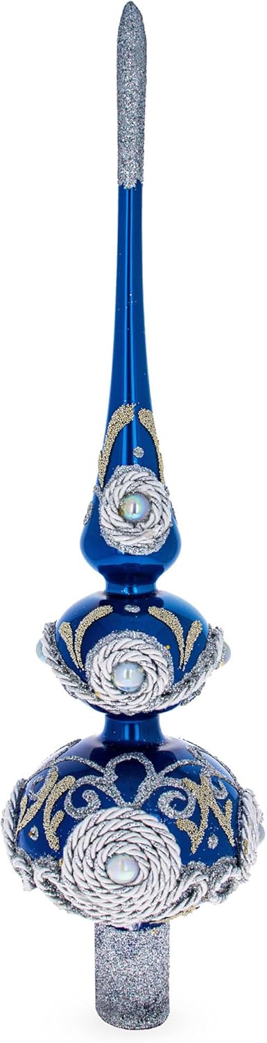 Dimensional Pearls and Twisted Rope on Double Ball Blue Blown Glass Christmas Tree Topper 12.5 Inches