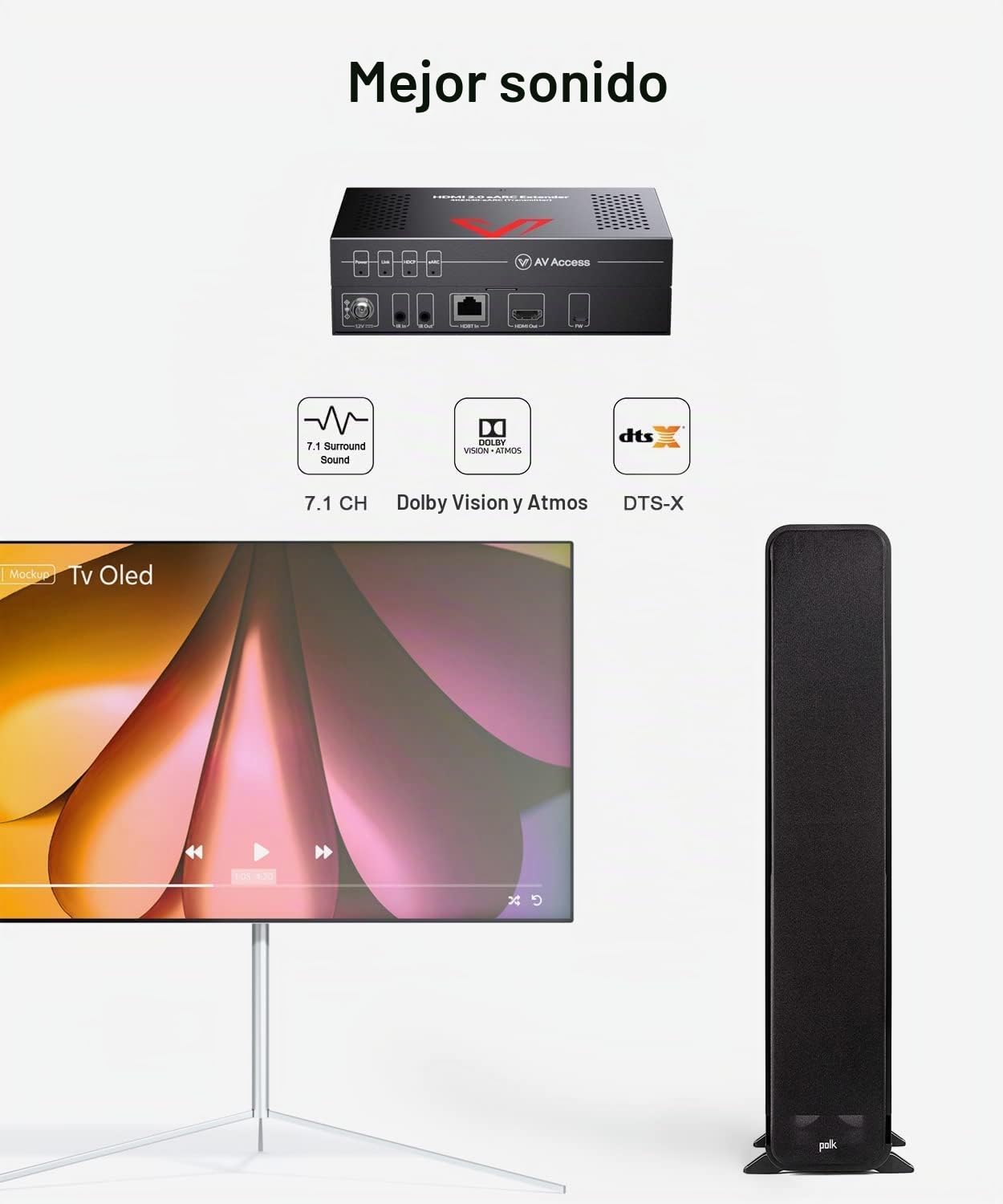 v AV Access eARC HDMI Extender, 4K 60Hz Over CAT6a/7 Ethernet Cable up to 130ft/40m, ARC mejorado, PCM 7.1 & HBR Audio, HDCP2.3, HDMI2.0, CEC, PoC & IR, Atmos & DTS-X, HDR Dolby Vision