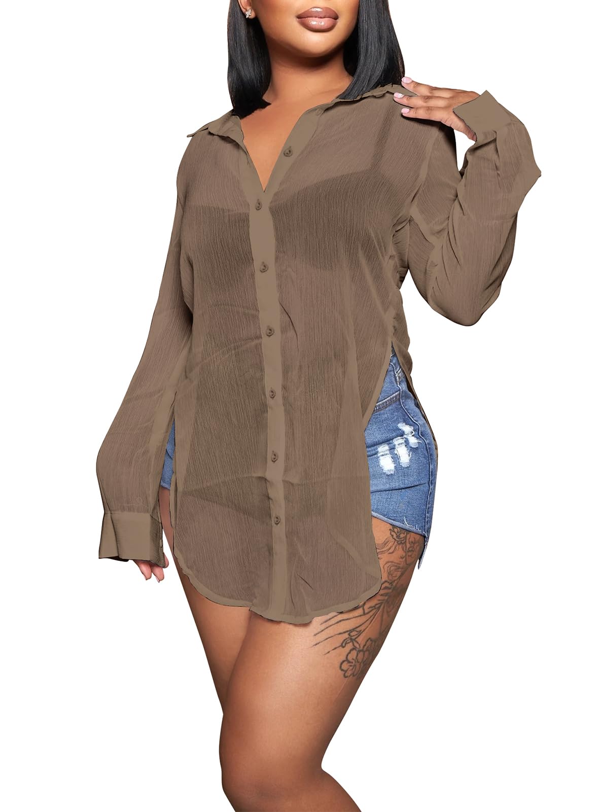 Womens Sheer Button Up Blouse Sexy Long Sleeve Mesh See Through Shirts Tops