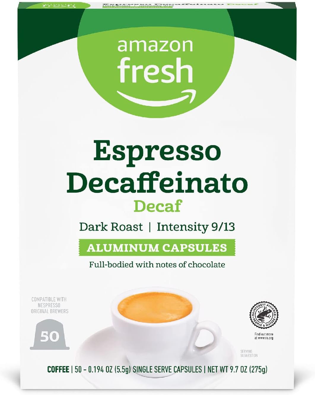 Amazon Fresh Espresso Decaffeinato Dark Roast Aluminum Capsules, Compatible with Nespresso Original Brewers, Intensity 9/13, 50 Count (5 Packs of 10)