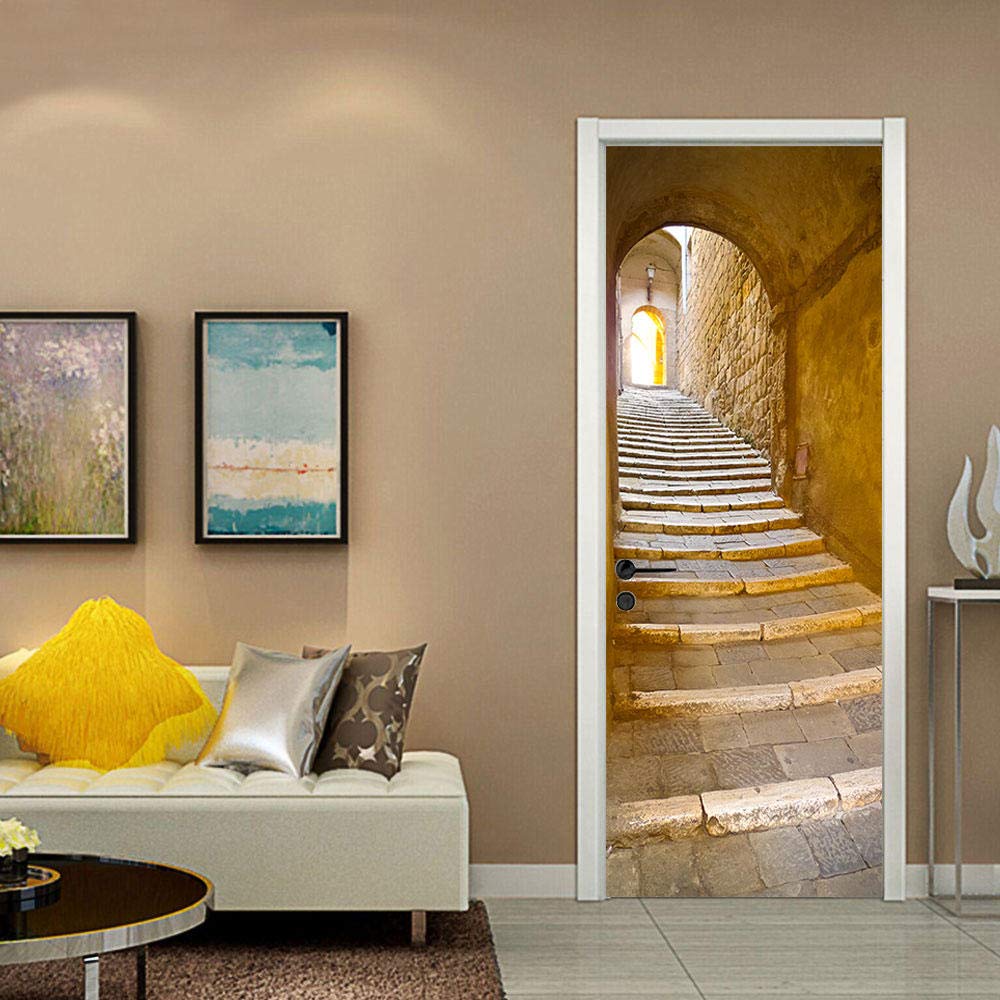 3D Door Sticker Stone Steps Self-Adhesive Mural Home Decoration Wall Stickers Bedroom Living Room Removable Poster Art Stickers-77x200cm
