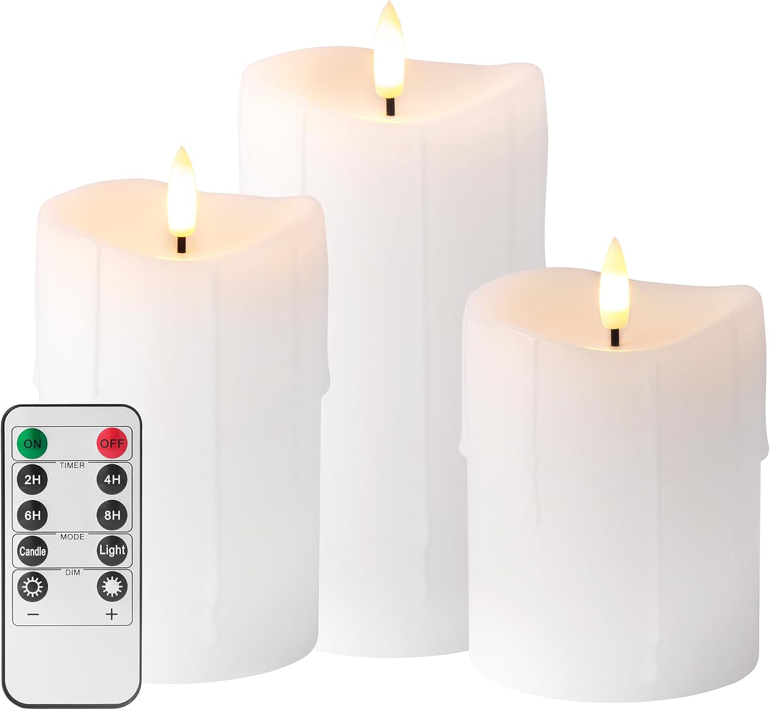 White Flameless Candles with Remote and Timer, Real Wax Made Wax Drip LED Pillar Candles Battery Operated with 3D Flickering Flame Melted Top - 3" x 4",5",6" - Set of 3