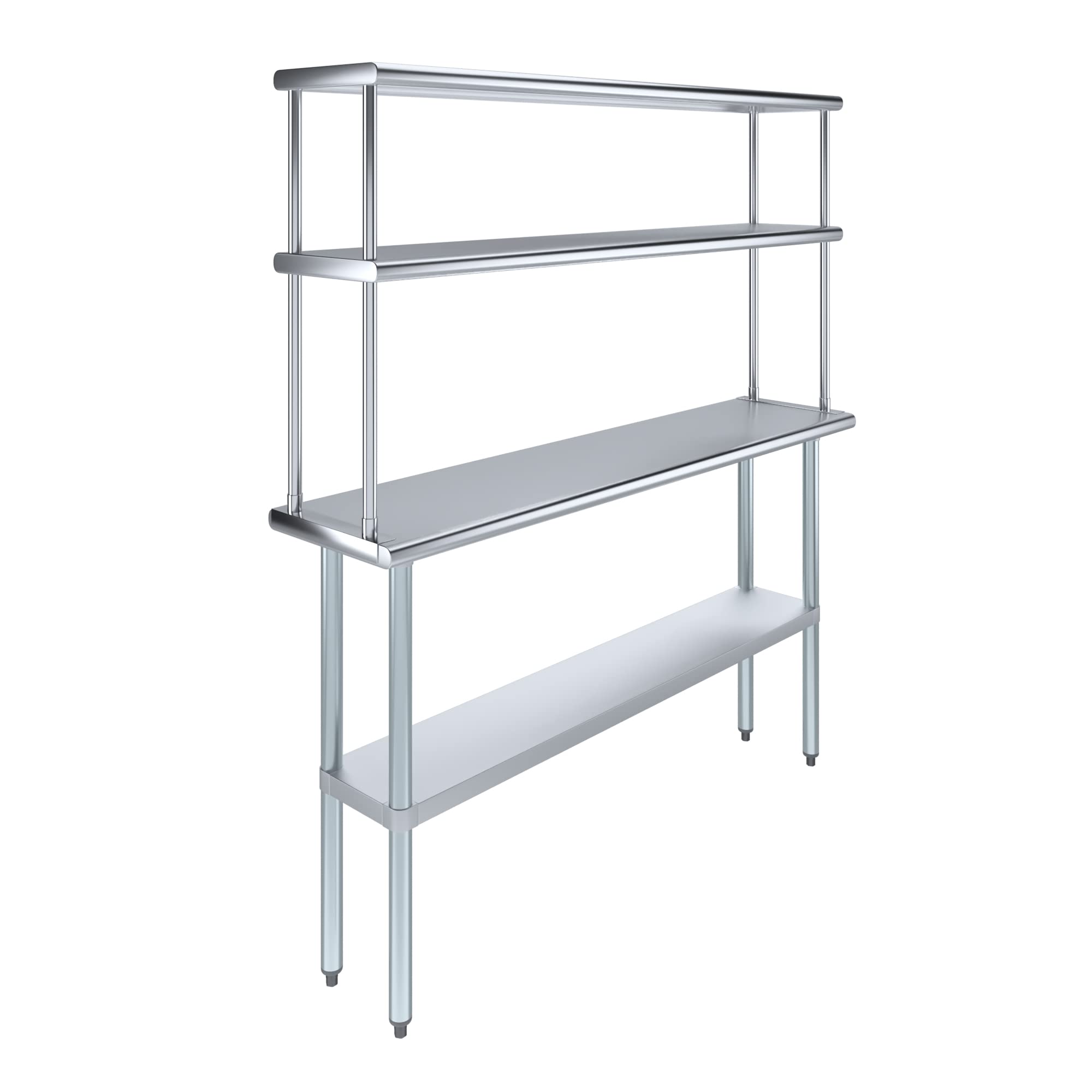 AmGood Stainless Steel Work Table with 12" Wide Double Tier Overshelf | Metal Kitchen Prep Table &amp; Shelving Combo | NSF (Stainless Steel Table with Double Overshelves, 60" Long x 14" Deep)