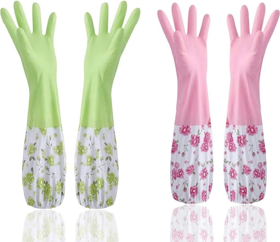 Reusable Waterproof Household Gloves for Kitchen Dishwashing Gardening Bathroom and Laundry | Long Sleeve Latex-Free PVC Gloves for Men and Women | 2 Pairs (Green & Pink, Medium)