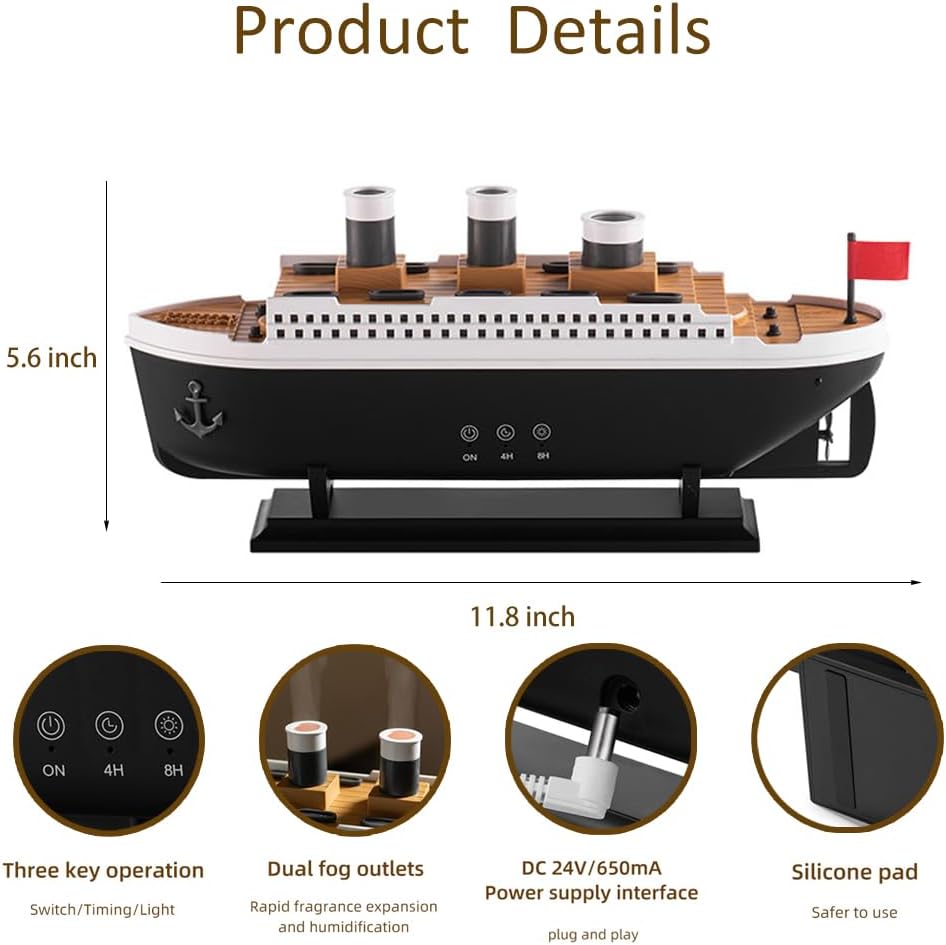 Essential Oil Diffuser, 250ml Ship Modelling Aromatherapy Ship Oil Diffuser Cool Mist Humidifier with Remote Control, Remote 2 Spray Mode Auto Shut-Off, 7 Color LED Light for Home Office.