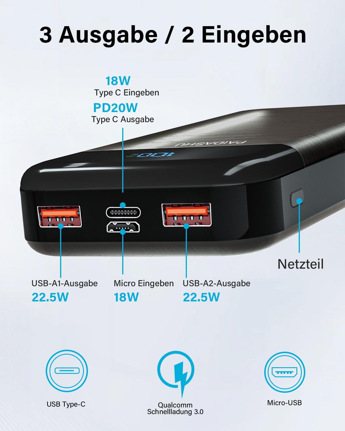 Batterie Solaire Portable 20000mAh - Charge Rapide Sans Fil, Lampe Torche, Pour Téléphone Et Randonnée