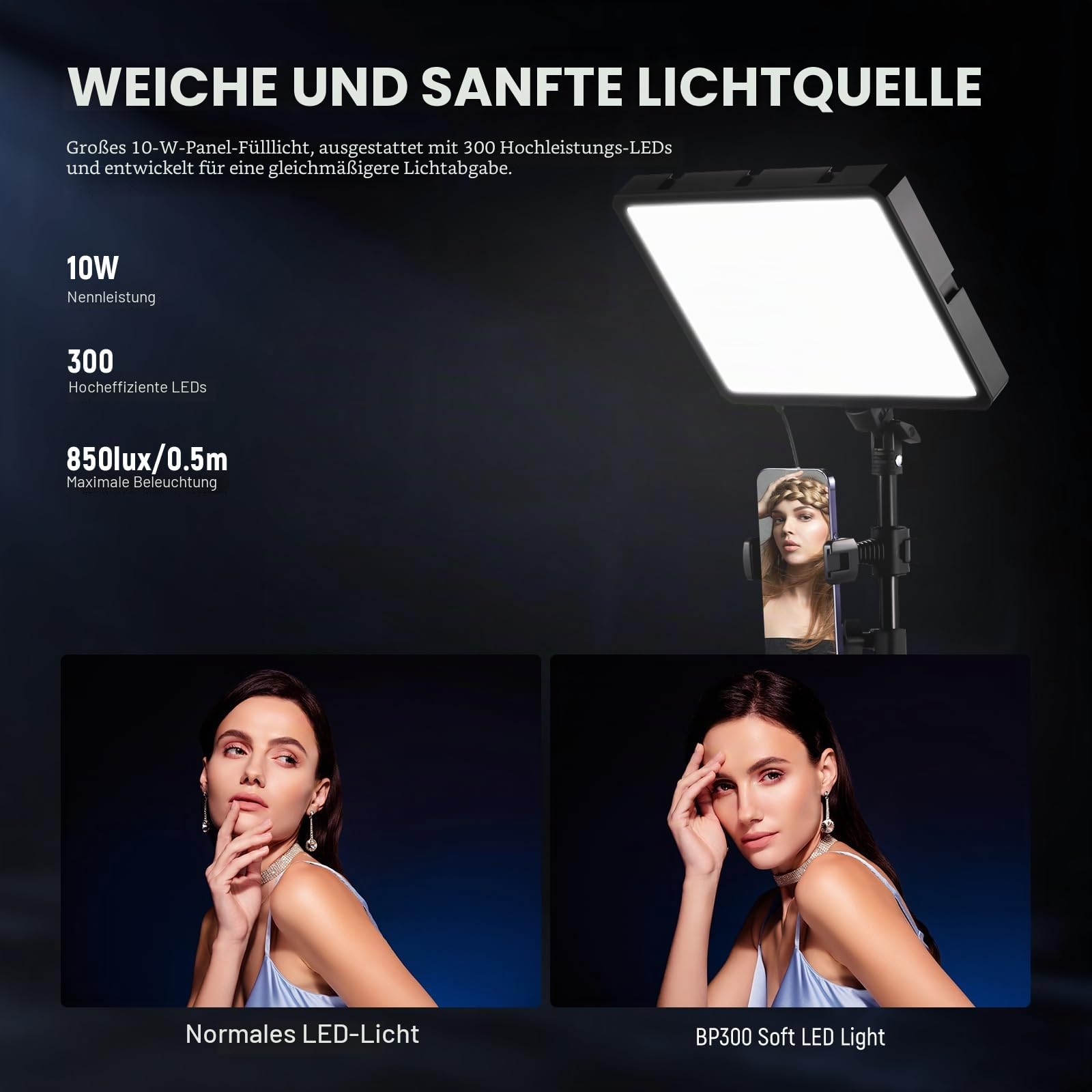 NEEWER BASICS 2 Pack LED Video Light Panel Lighting Kit mit 2 59'' Ständer & 2 Telefonhalter, 850lx/0.5m Bi Color 2700K-6500K Dimmbares Studio Licht für Fotografie Filmen Aufnahme Live Stream, BP300