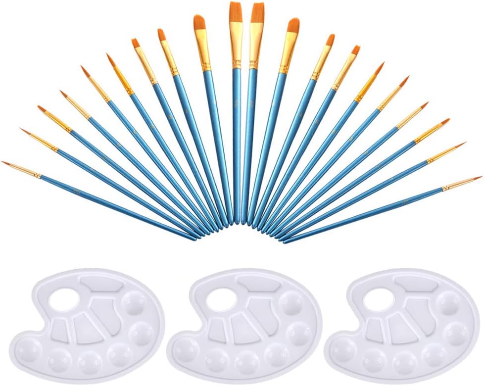 20Pieces Round Pointed Tip Nylon Hair Brush Set with 3 Piece Paint Tray