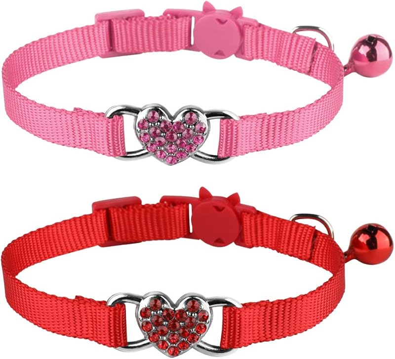 Coleira ajustável para gatos com coração brilhante, guizo e fecho de segurança Mtliepte, rosa e vermelha, pacote com 2