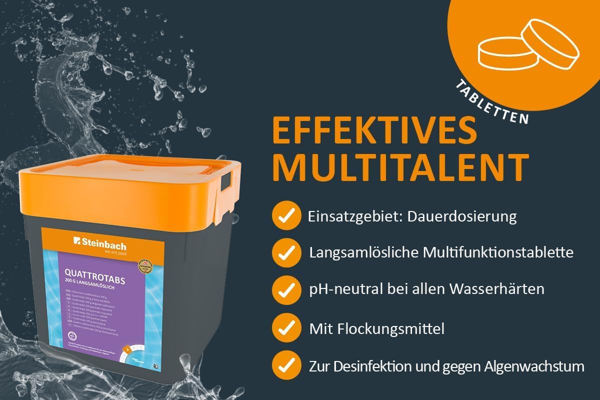 Steinbach Poolpflege Quattrotabs 200 g langsamlöslich - 0752605TD00-5 kg - 4-in-1 Chlortabletten mit Flockungsmittel - pH-Stabilisator & Algenverhütung - Multifunktionstabletten