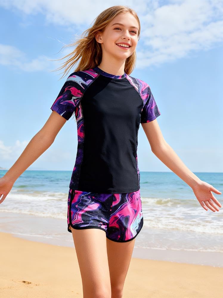 Idgreatim Girls Rashguard Swimsuit 2 Piece Short Sleeve Bathing Suit UPF 50+ Sun Proction Swimwear Size 8-16T