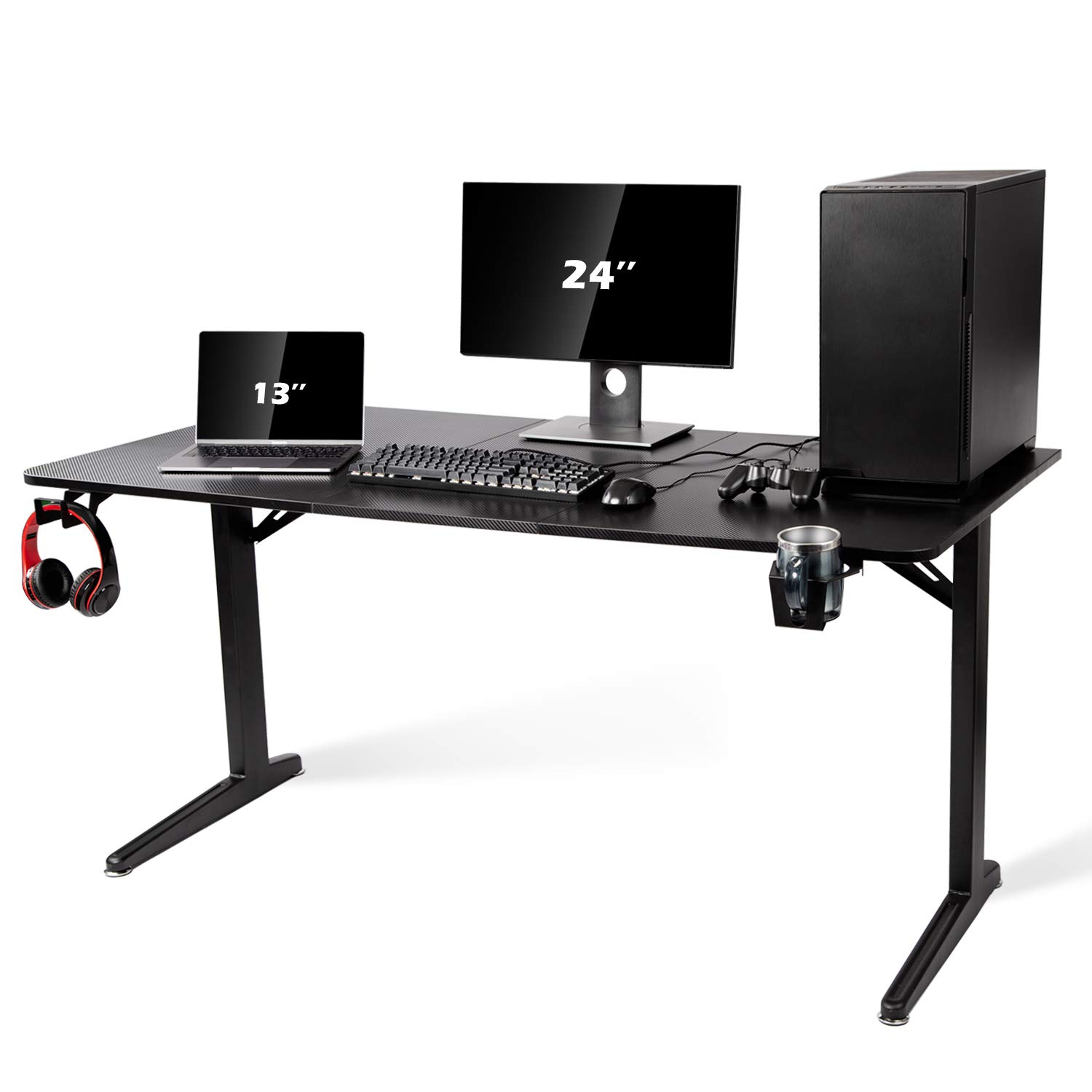 TOPSKY Gaming Desk Large Surface 63x31.5 with Cup Holder, Headphone Hook and Cable Management (Black)