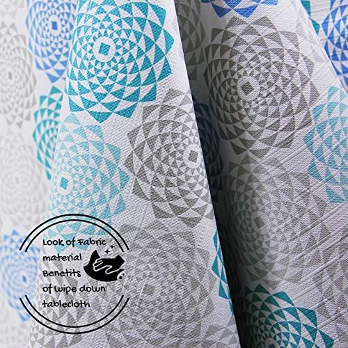 KP HOME Modern Geometric Circles Print PVC Table Cloth Wipe Clean Tablecloth with Palms - Rectangular 200 x 140cm | 78x55in Waterproof Vinyl Wipeable Table Cloth in Blue | Turquoise | Teal | Grey