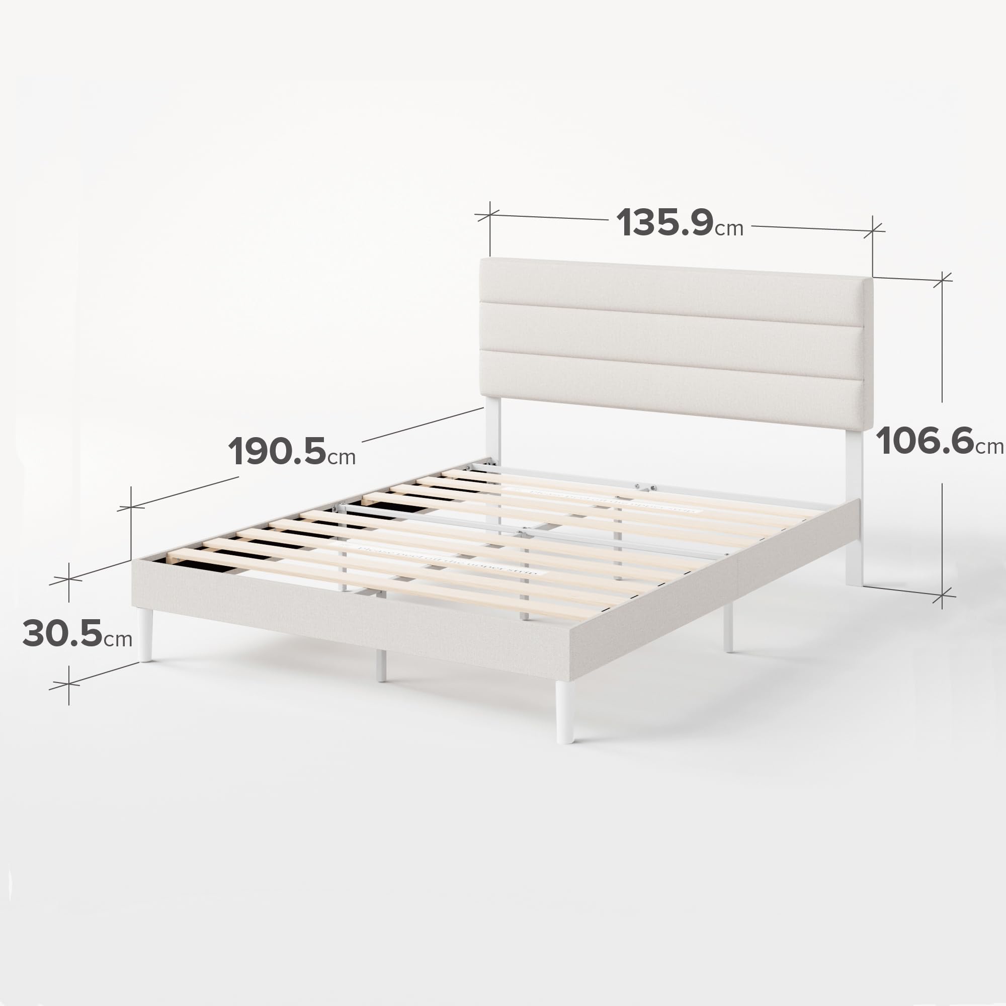 Zinus Piper Somier 135x190 cm - Altura 30 cm - Base Cama Matrimonio Tapizada con Cabecero - Láminas de Madera - Montaje Fácil- Blanco Roto