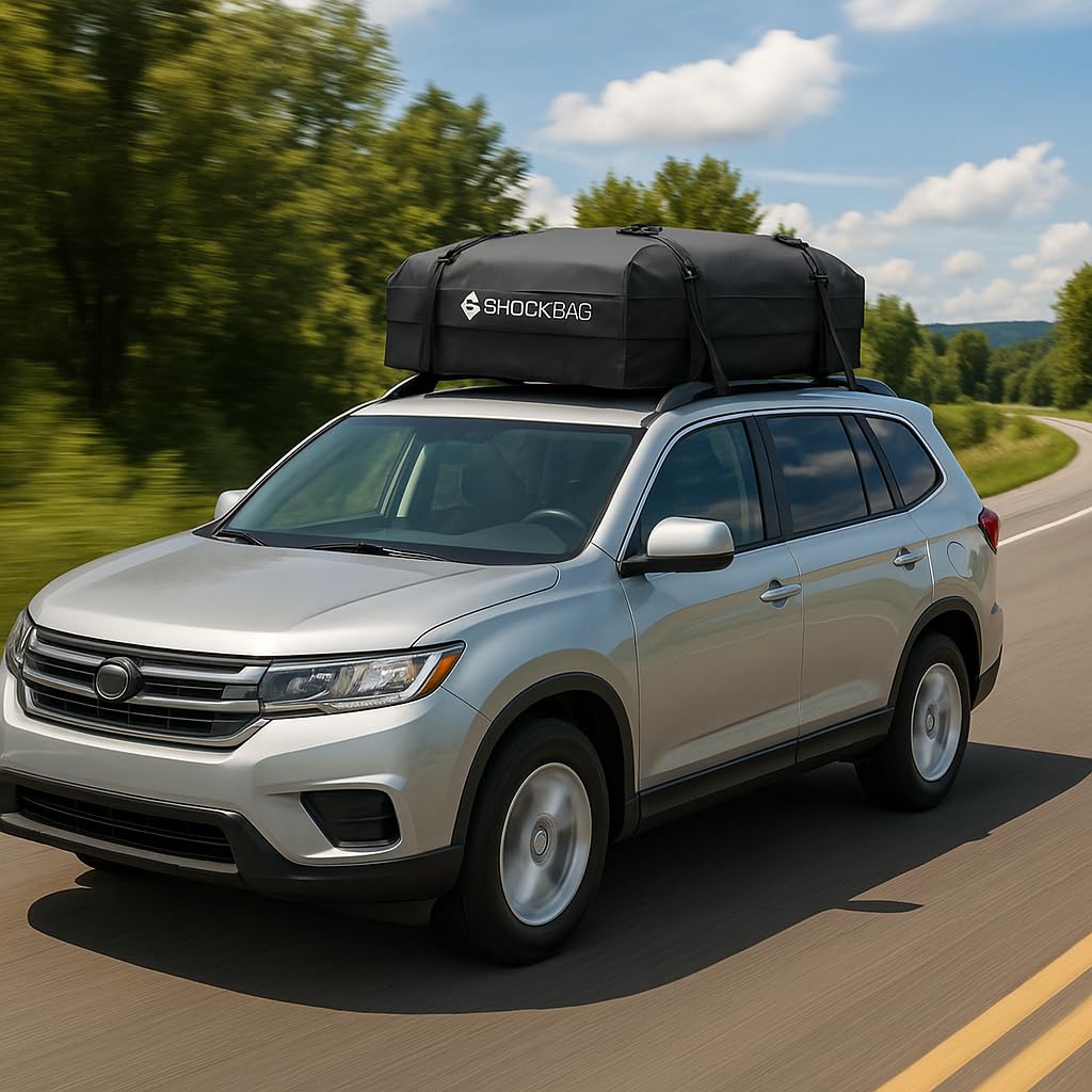 ShockBag Rooftop Cargo Carrier Waterproof 15 Cubic Feet Car Roof Top Bag for All Vehicles with/Without Racks, Includes Anti-Slip Mat, 8 Reinforced Straps, 6 Door Hooks, Luggage Lock, Storage Bag