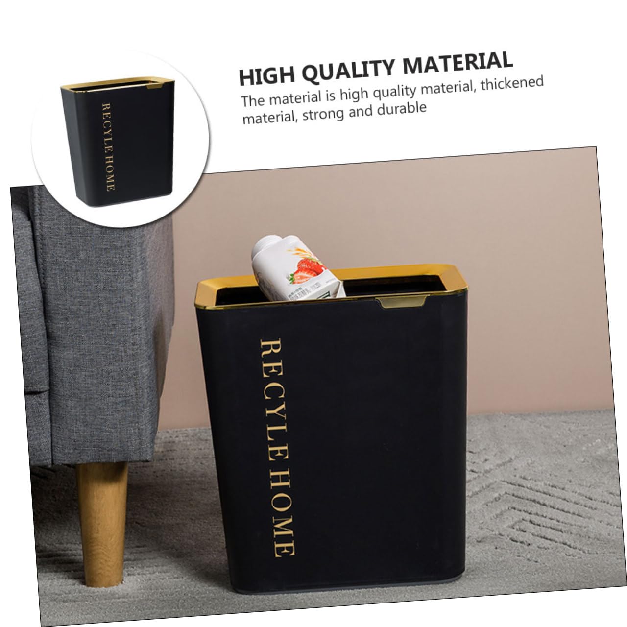 Contenedor Anillo de Presión y Base Antideslizante de Reciclaje de Basura Cuadrado Negro de 10l Diseño Nórdico para Cocina y Baño