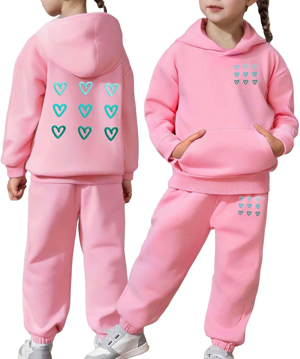 Girls Sweatsuit Valentine Outfits Heart Print Hoodie and Joggers Set Cute Casual Athletic Preppy School Clothing Sets