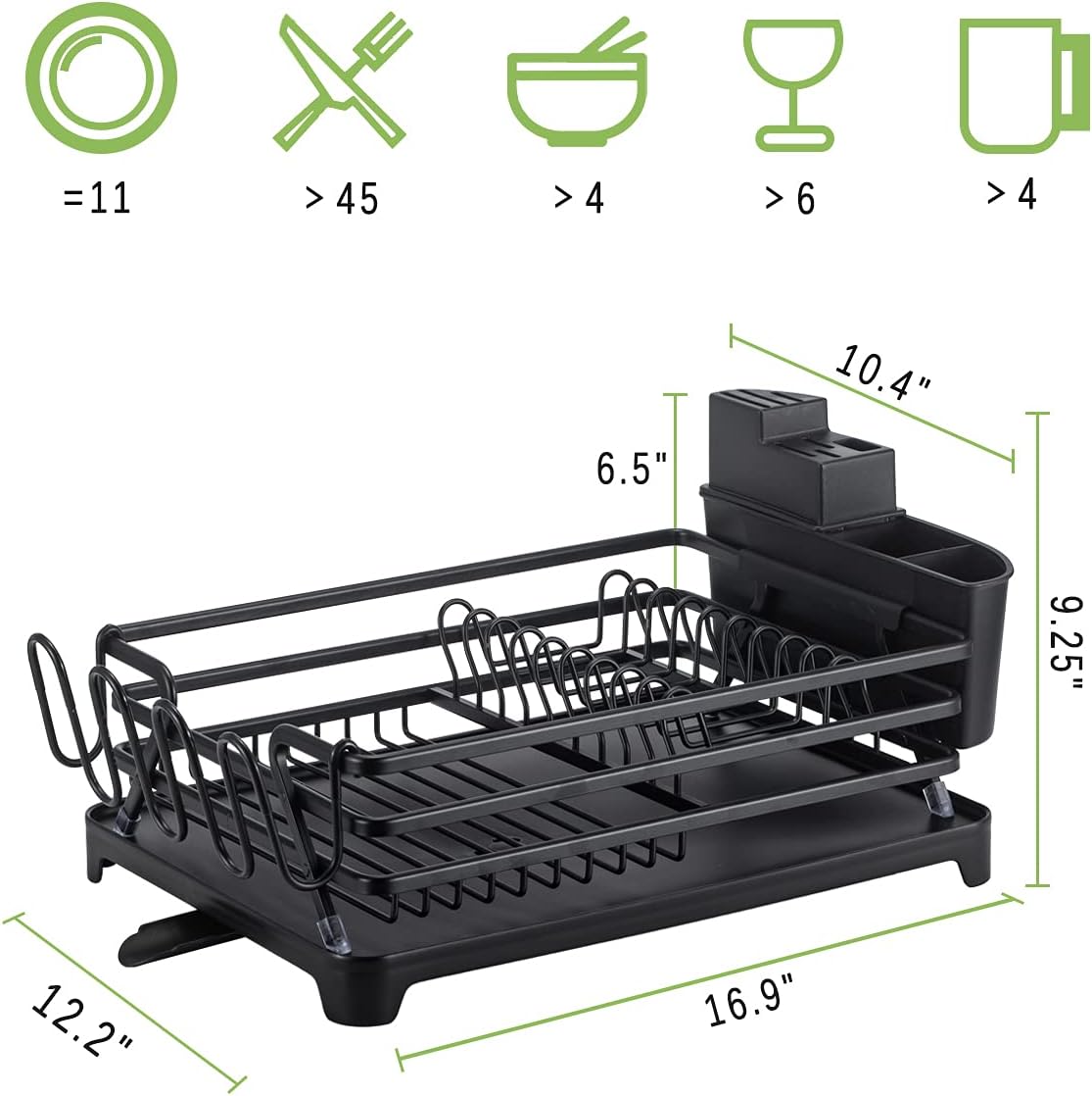 Luling Aluminum Dish Drying Rack, Rustproof Sink Dish Rack and Drainboard Set, Dish Drainer with Adjustable Swivel Spout, Removable Utensil Holder and Drainboard - Black -