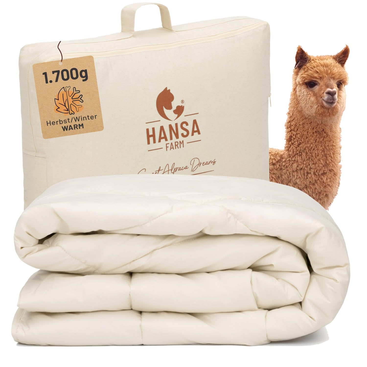 Couette Alpaga Bio HANSA-FARM - 155x220 Cm - 1700 G - Housse Coton Bio - Sac Rangement Inclus