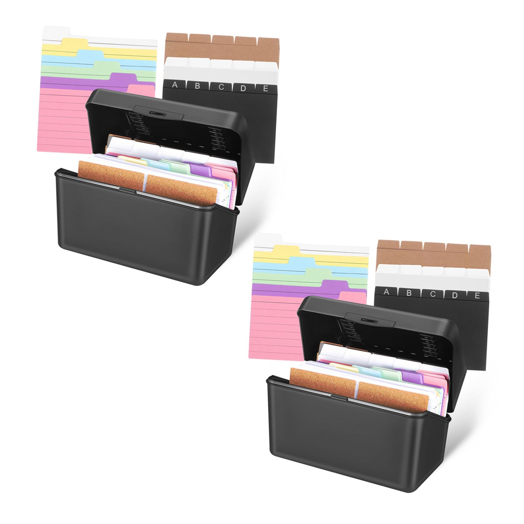 2 Set Organizer per Schede da Scrivania con Divisori Neri Carte Colorate Righe Anelli Metallici e Etichette in Sughero per Scuola Ufficio Studio e Ricette