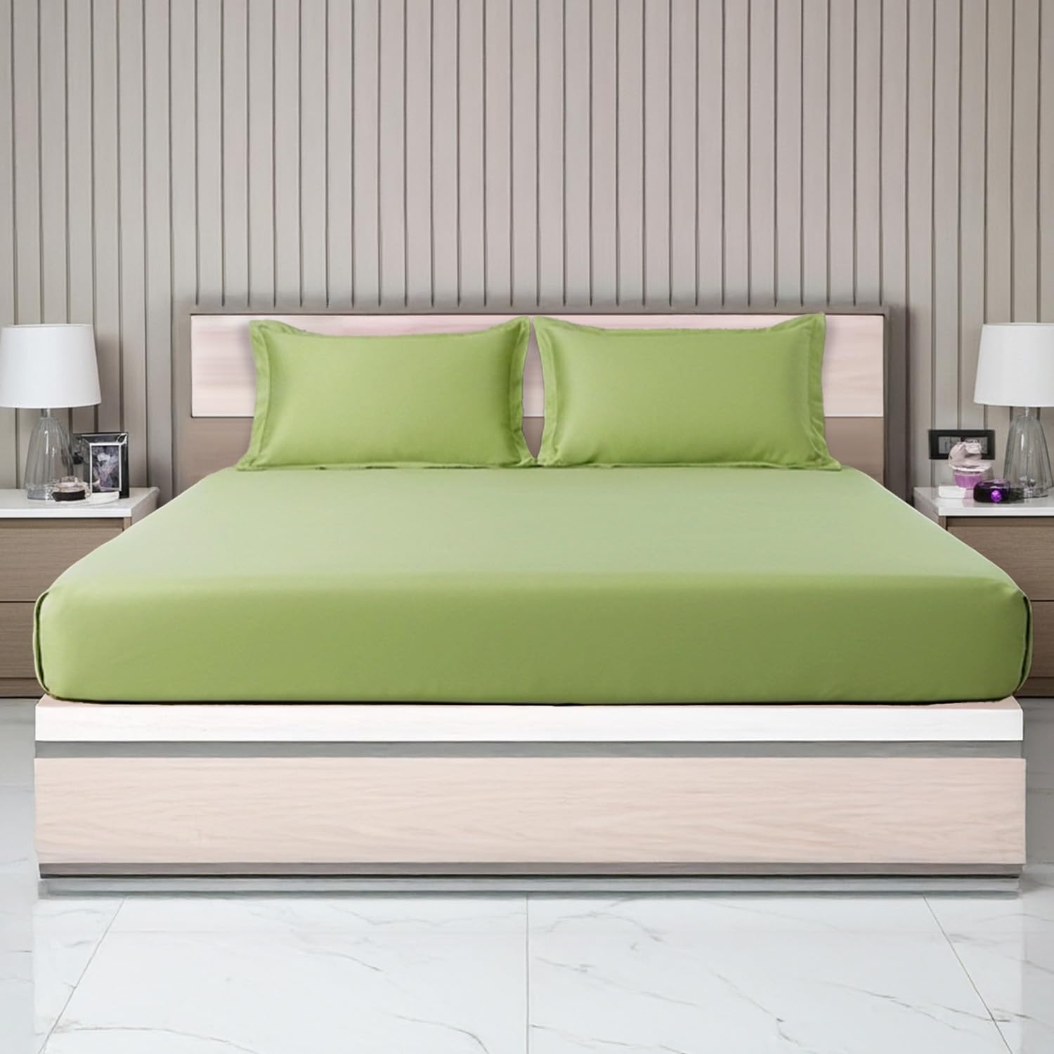 LANE LINEN 400TC Super King Size Bedsheet with 2 Pillow Cases | 100% Cotton 3 Pc Bedding Set (2.74 M x 2.74 M) | Breathable & Wrinkle-Free | Sustainable & Eco Friendly Bedding Set (Fern)