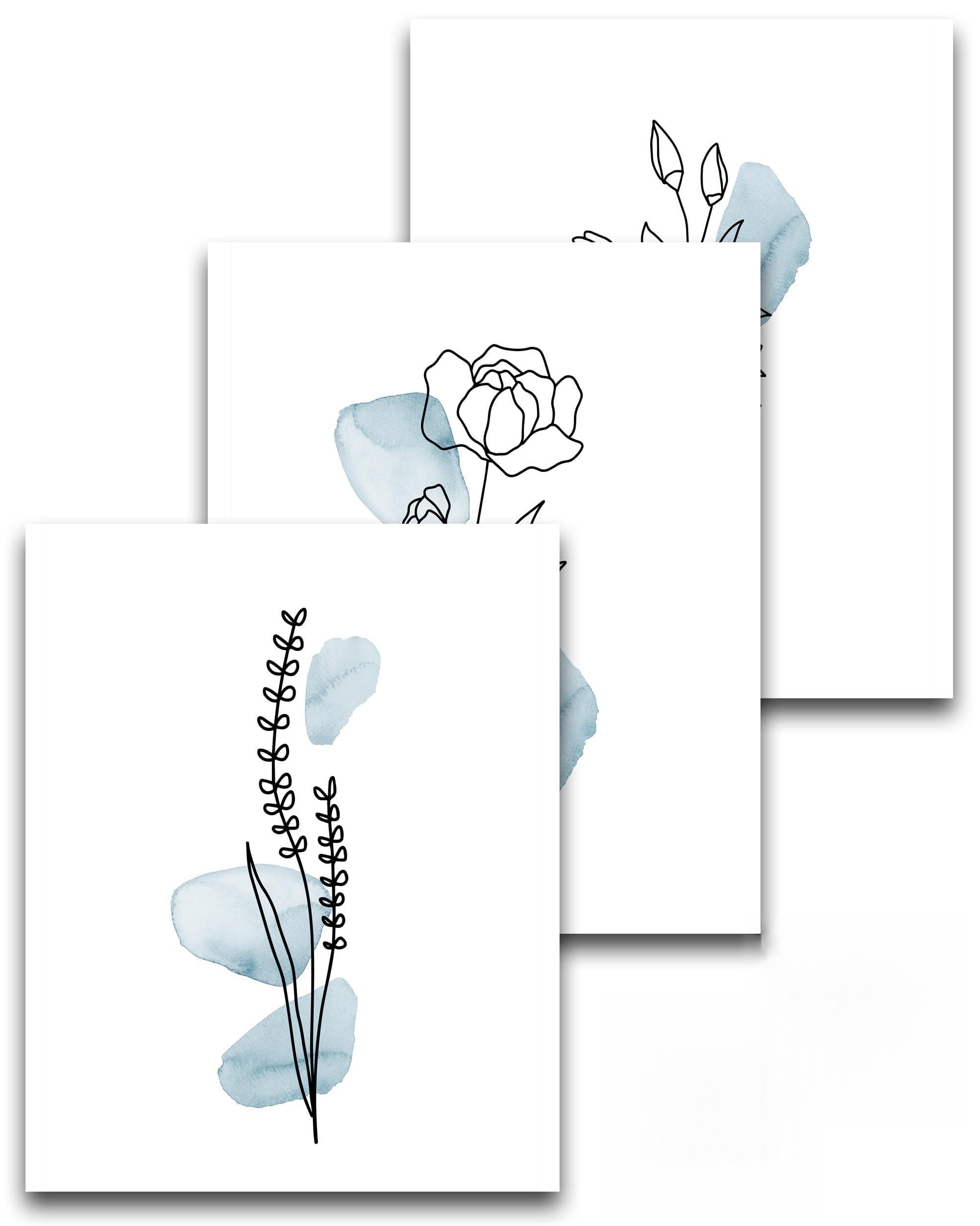 HesenDotUnframed Blue Floral Wall Art Set of 3,30x40cm Boho Flower Canvas Prints,Minimalist Botanical Posters Home Decoration for Bathroom Living Room Bedroom Girl Room